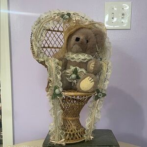 Charming Brown Teddy Bear in Wicker Chair with Lace Accents